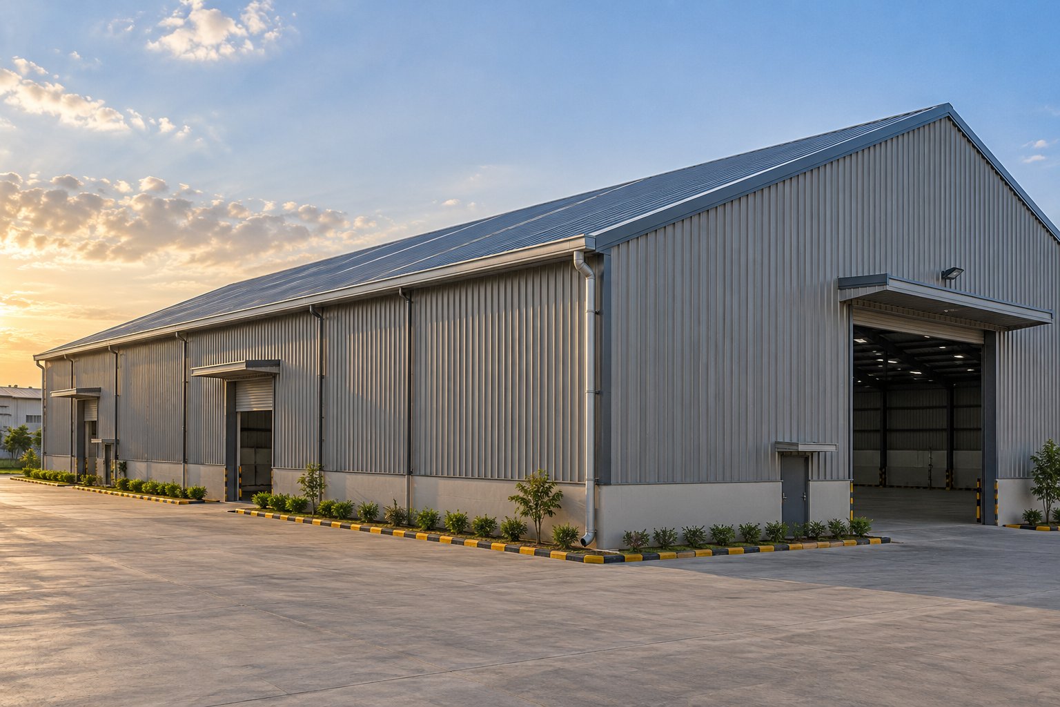 Conceptual illustration of a warehouse showing metal roofing, wall cladding and rainwater drainage