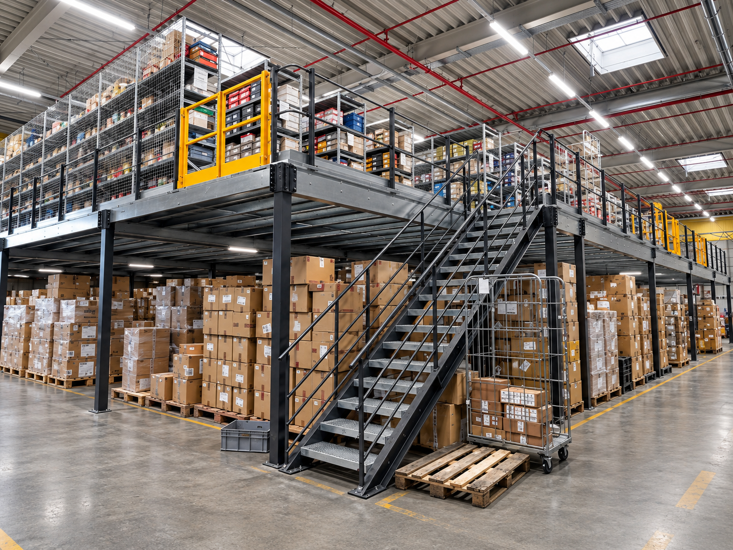 Warehouse mezzanine with elevated storage racks, steel framing and access stairs