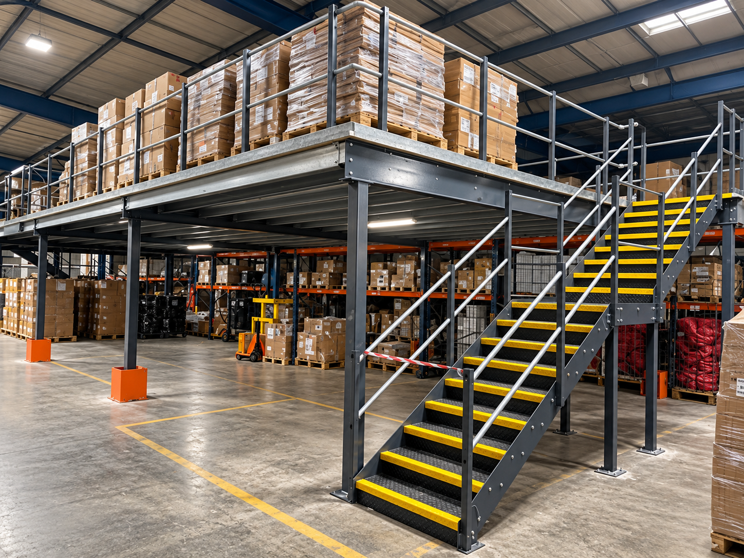 Warehouse storage mezzanine with steel support beams, safety railings and yellow-edged staircase