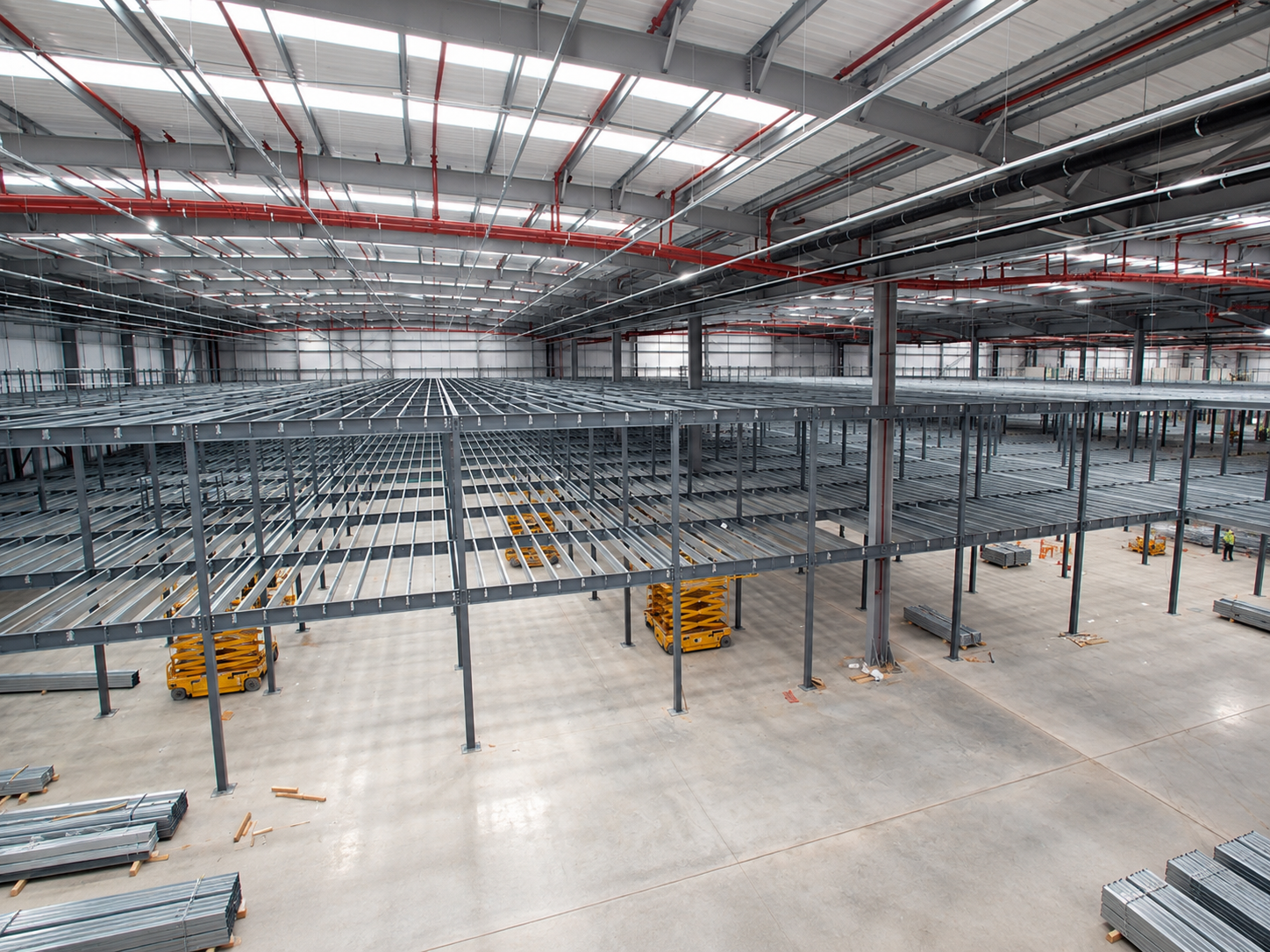 Industrial steel mezzanine with black columns, platform decking and staircase inside a warehouse